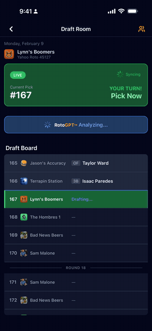 RotoAgent live draft room demo - AI-powered fantasy baseball draft assistant